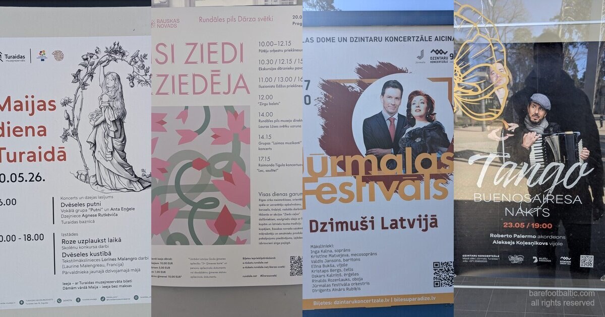 Keturi 2026 m. pavasarį Latvijoje pastebėti renginių plakatai — Maijas diena Turaidoje, Rundāles dārza svētki, Tango Buenos Aires Nakts ir Jūrmalas Festivāls.
