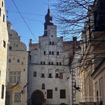 Les Trois Frères depuis le bout de Mazā Pils iela avec la flèche de Saint-Jacques derrière, Riga, Lettonie