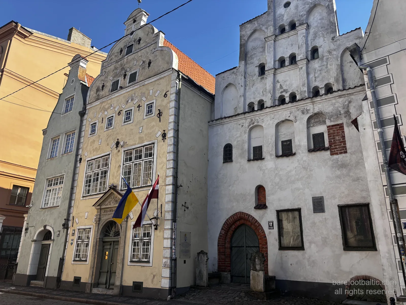 The Three Brothers houses on Mazā Pils iela 17, 19, 21 standing side by side in Riga Old Town, Latvia.