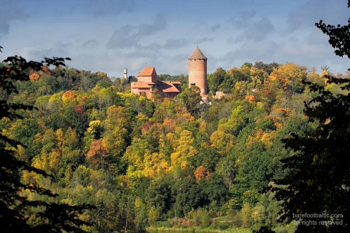 Vidzemės pilis rudens miško apsuptyje