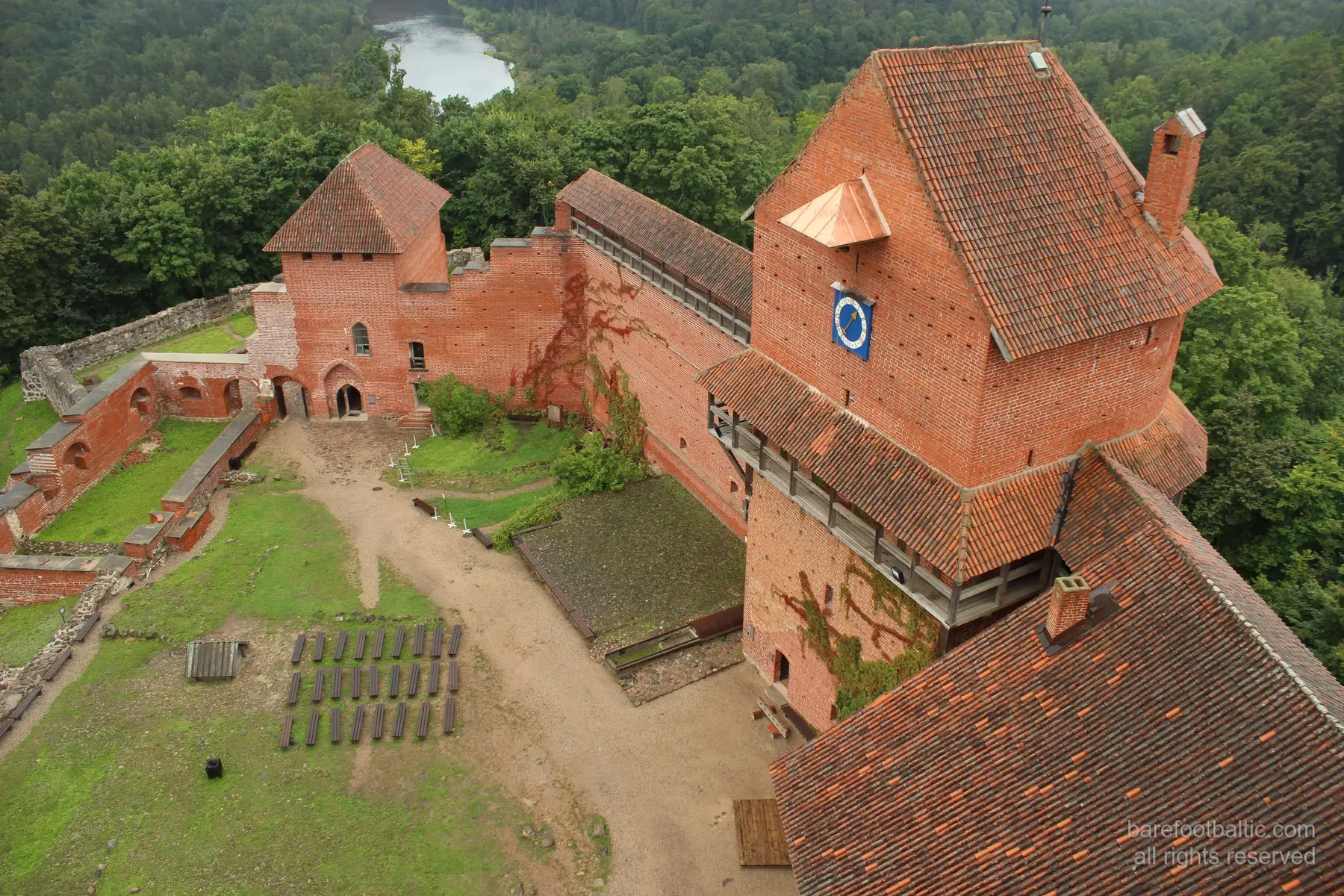 Aerial view of red-brick Turaida Castle, Sigulda, Latvia
